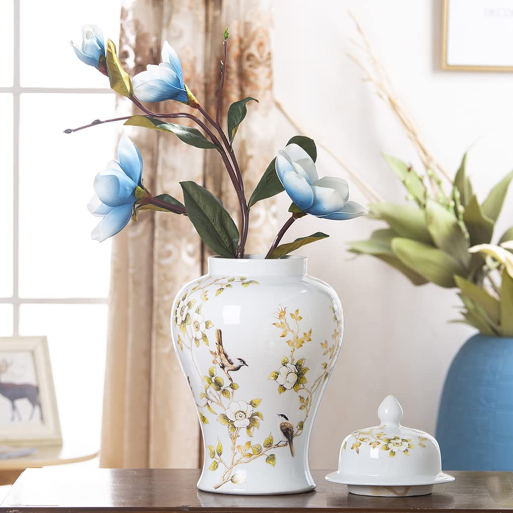ZHOUXIAO White Ceramic Ginger Jar with Lid for Home Decor,Traditional Chinese Flowers and Birds Temple Jar, Jingdezhen Handcrafted Porcelain Vase Centerpiece Decor M