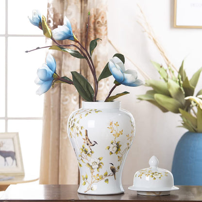 UWYTGF White Ceramic Ginger Jar with Lid for Home Decor,Traditional Chinese Flowers and Birds Temple Jar,Jingdezhen Handcrafted Porcelain Vase Centerpiece Decor L,White Small,White,M