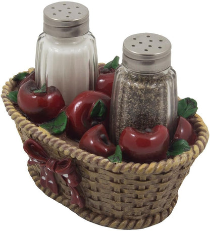 Apple Basket Glass Salt and Pepper Shaker Set with Holder, Country Kitchen Decor