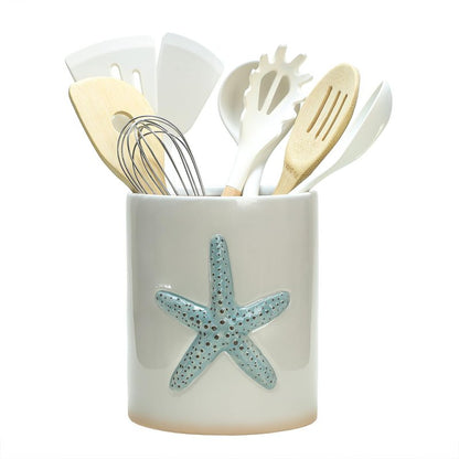 Bicuzat Ceramic Starfish Embossed Utensil Holder, Large Cooking Utensil Crocks for Countertop, Ocean Style Utensil Organizer for Spatula