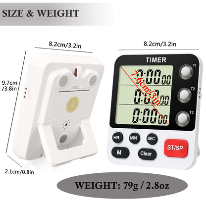 QINFIEY Digital 3 Channels Kitchen Cooking Multiple Timer with Large LCD Count Up Down Stopwatch ON Off Switch Timer for Teaching Reading 3-Level Adjustable Volume with Magnetic Back (Style C)