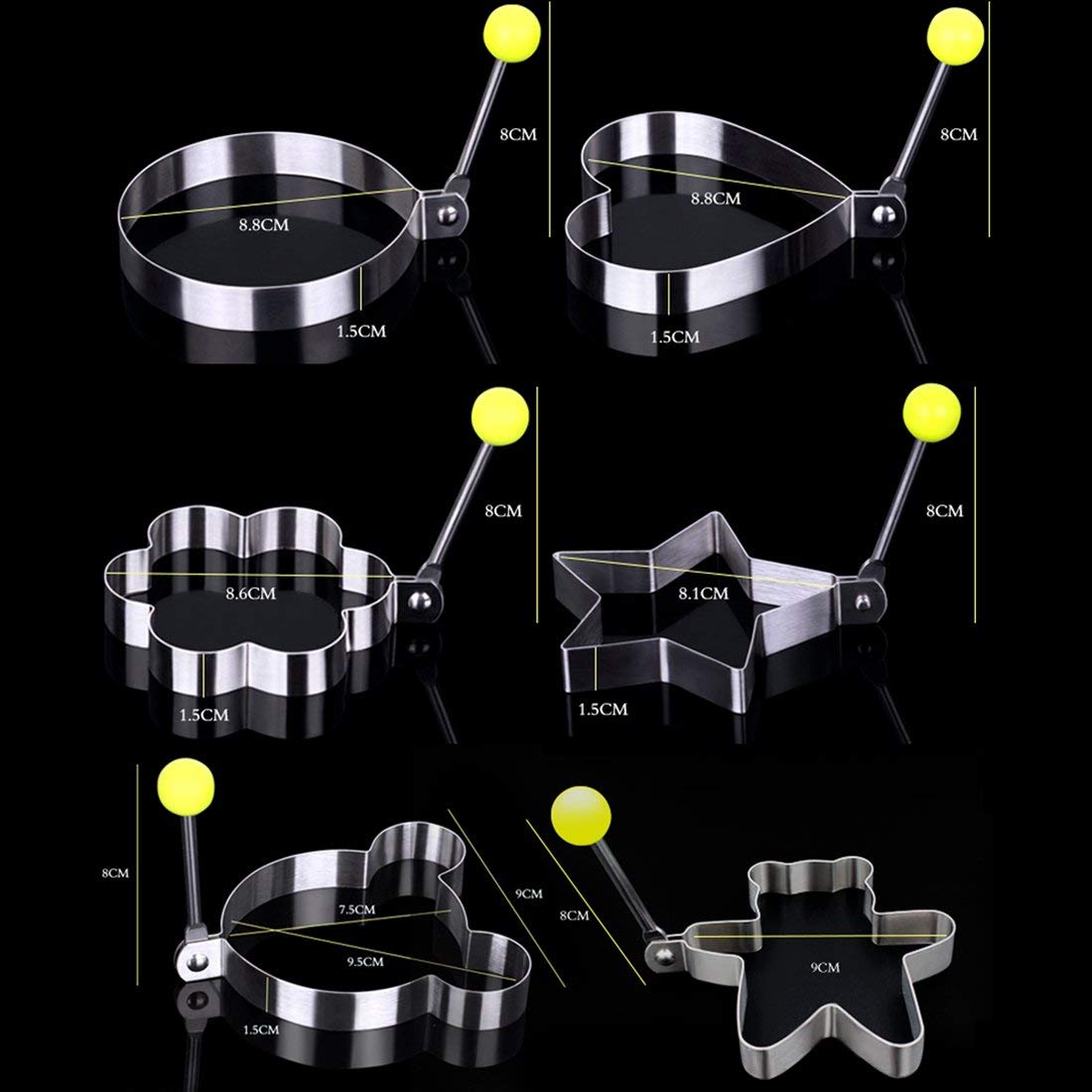 9PCS Fried Egg Mold, Stainless Steel Heart Bird Apple Elephant Horse Flower Star Shape Ring Mould Frying Cooker With Gift Box For Pancake Cookie Maker for Kid, Round Cooking Griddle Cutter Accessories