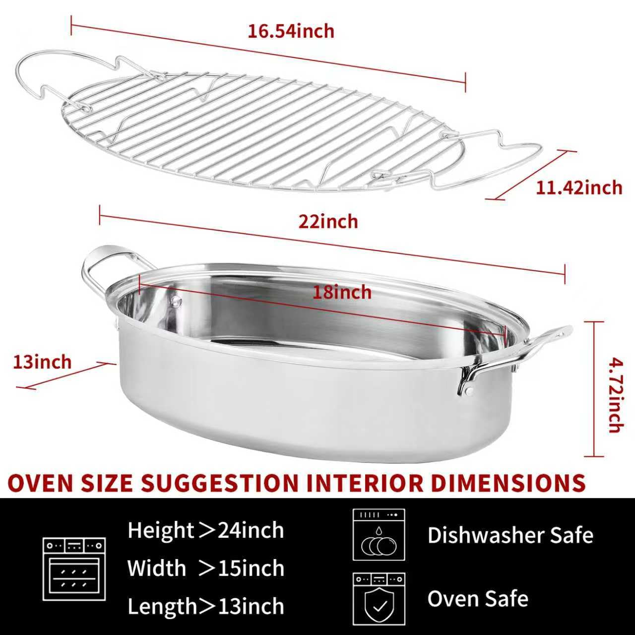 Roasting Pan With Rack and Lid,Oval Stainless Steel Turkey Roasting Pan,22INCH(With Handle), Dishwasher Safe Bakeware for Turkey,Roasted Chicken,Beef or Veggies,by DIMESHY