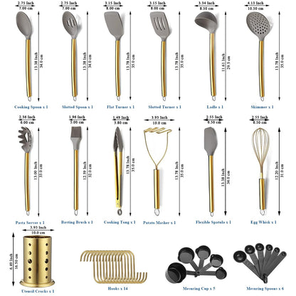 Gold Kitchen Utensils Set, Kyraton 38 Pieces Non-Stick Silicone Cooking Utensils Set, Spoon Spatula Set with Sturdy Stainless Steel Utensil Holder, Dishwasher Safe