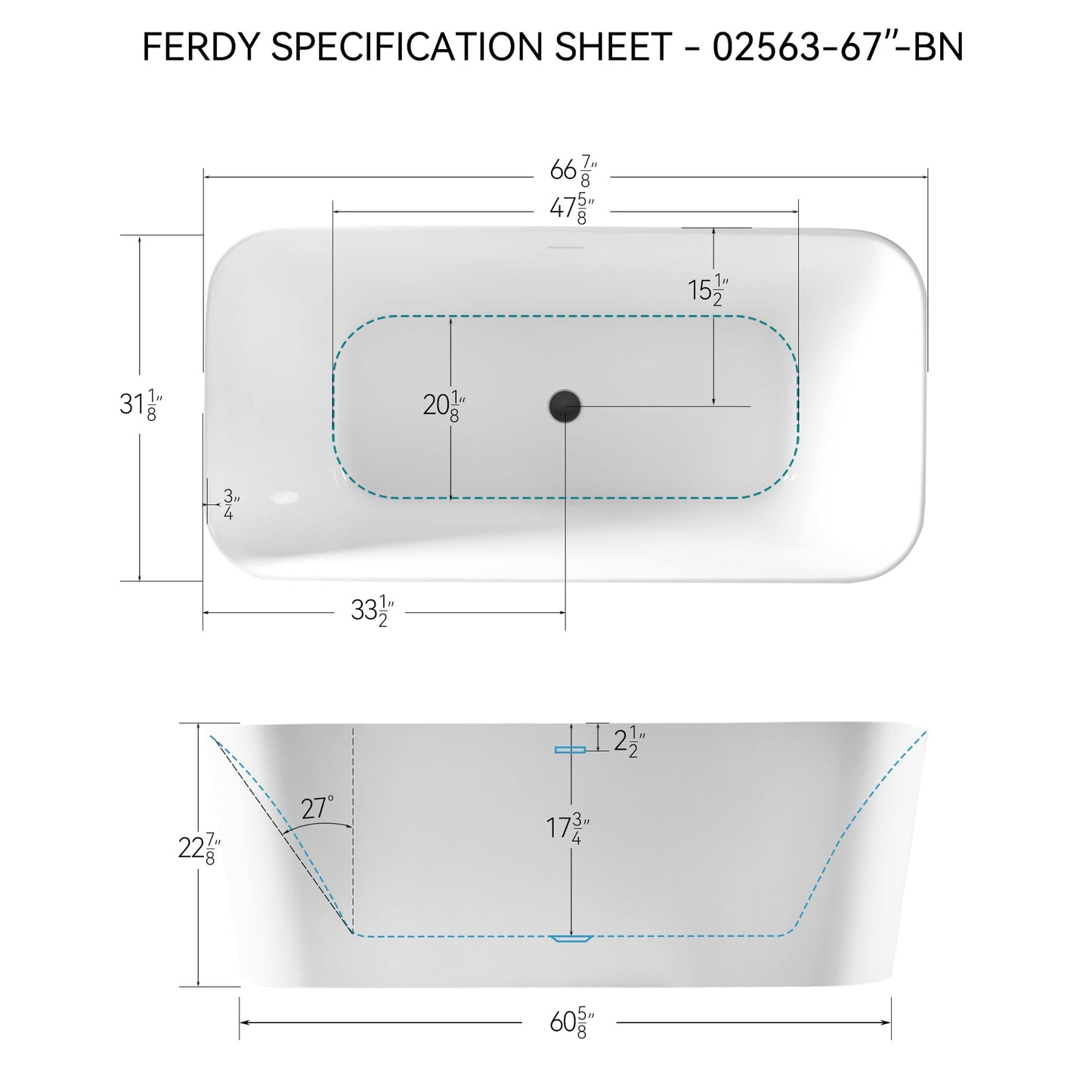 FerdY Maui 67" Acrylic Freestanding Bathtub, Contemporary Elegant Design Soaking Tub with Matte Black Drain and Minimalist Linear Design Overflow, Easy to Install