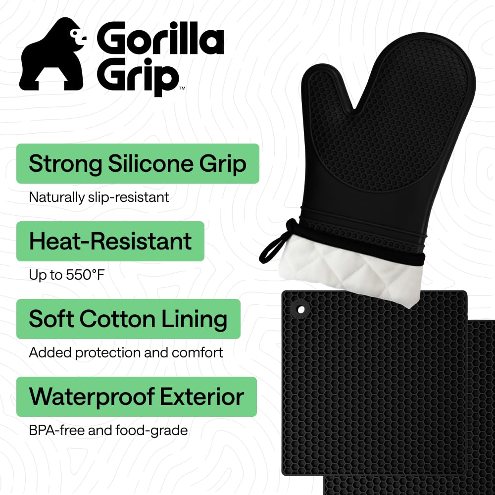 GORILLA GRIP BPA-Free Soft Silicone Oven Mitts and Pot Holders Sets of 4, Heat Resistant Waterproof Cooking Gloves, Thick Cotton Lining, Flexible Gripping for Baking Grilling, Kitchen Trivets, Black