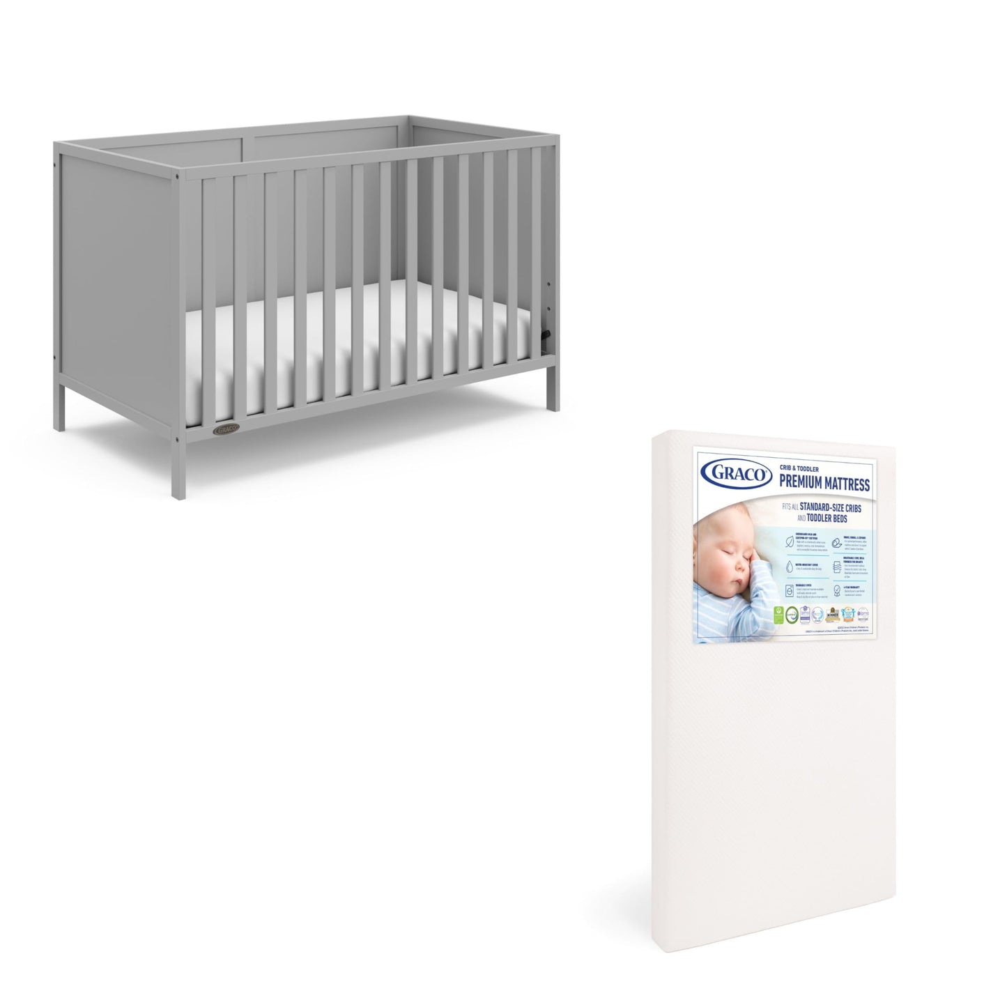 Graco Theo Crib and Mattress Nursery Essentials Pack (Pebble Gray) – GREENGUARD Gold Certified Baby Crib & Crib Mattress, Cribs with Mattress Included, Convertible Crib, Baby Mattresses for Crib
