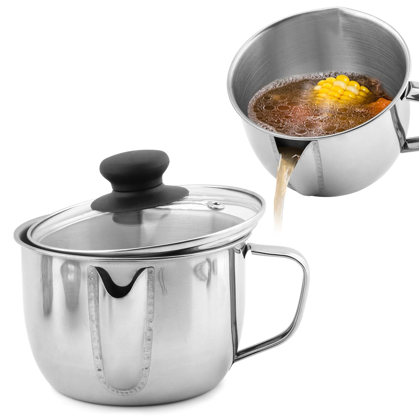 Stainless Steel Fat Separator with Strainer & Glass Lid, 1000ml Gravy Grease Separator for Soup, Stew, and Sauces,Two-Way Outlet, Multi-Use Kitchen Essential