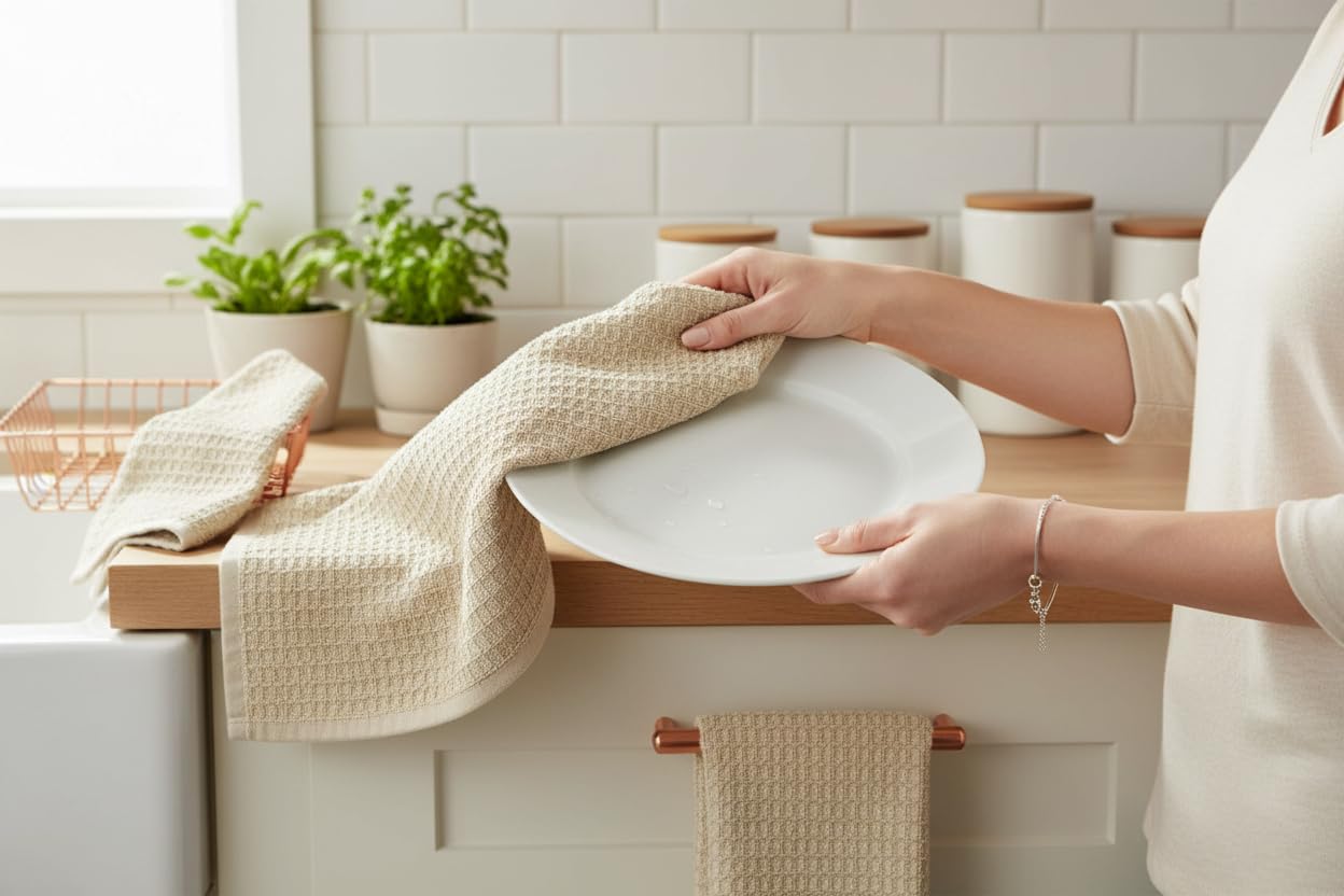 Serafina Home Tan Beige Kitchen Dish Hand Towels 100% Cotton Waffle Cloth Soft Cleaning Drying Absorbent Terry Box Loop: Set of 3 Multipurpose for Everyday Use Oversized 16" x 28"