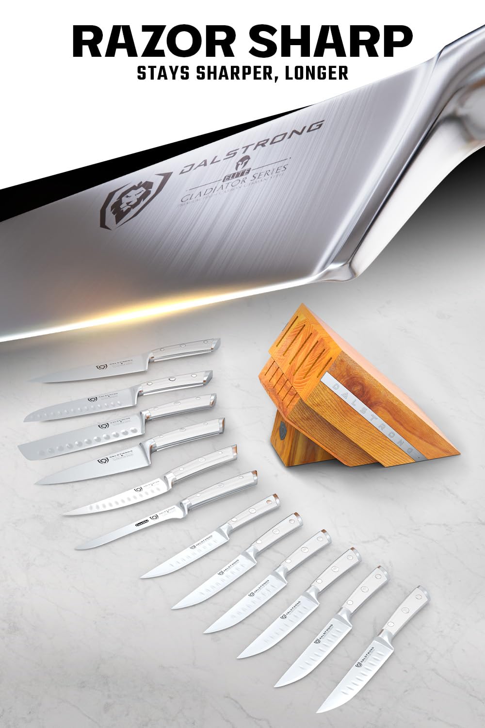Dalstrong 12-Piece Knife Block Set - Gladiator Series Elite - White Handles - German HC Steel - Hand-Made Manchurian Ash Wood Block - NSF Certified