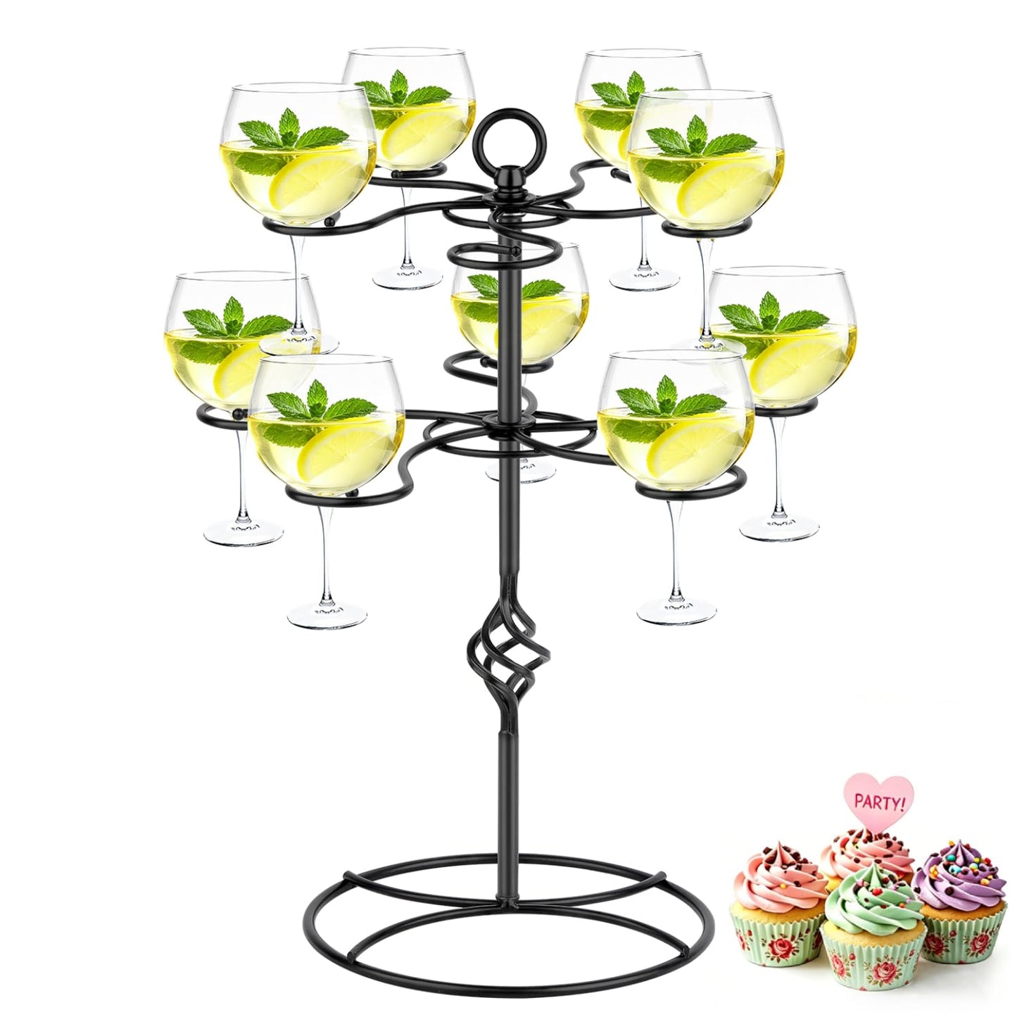 QPIX DIGITAL Wine Glass Rack 2 Tier 10 Holders Wine Glasses Stand, Black Champagne Tower Stand Countertop Tabletop Stemware Rack for Home and Bar Storage,Wine Glass Display Easy Assembly