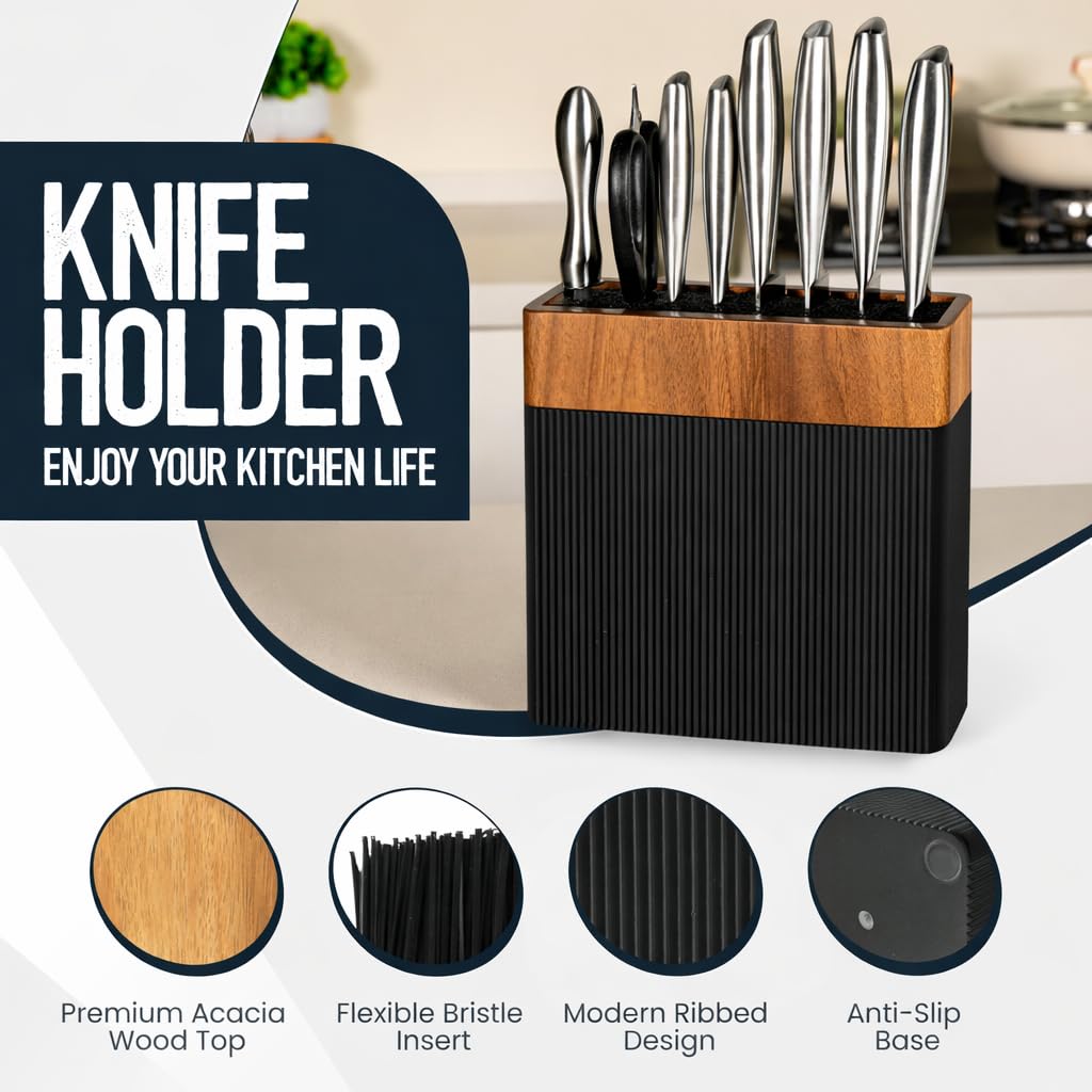 BRVSTVN Modern Universal Knife Block Without Knives – Acacia Wood Knife Holder Stand with Bristles for Easy Knife Organization & Storage for Kitchen Counter | Cutlery Display