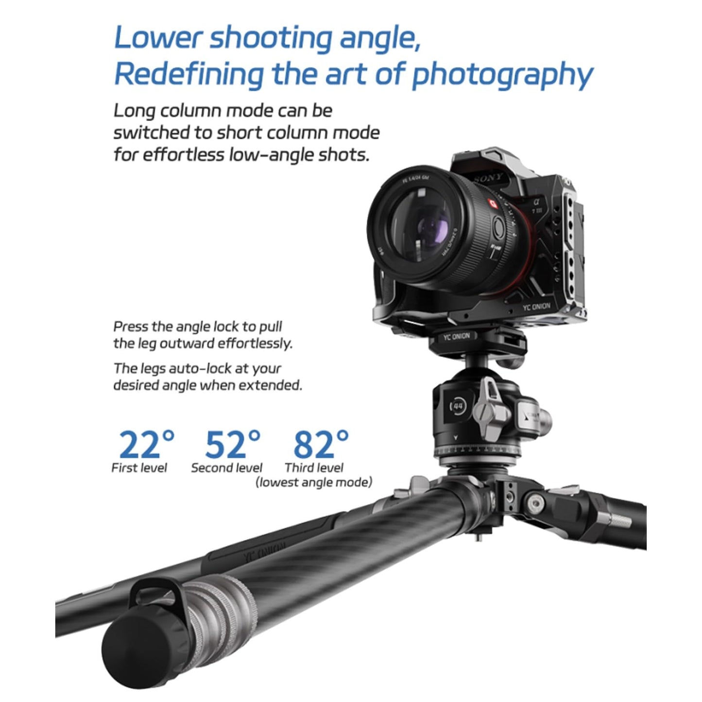 YC Onion Tako T23 Carbon Fiber Tripod with 44mm Ball Head, 3/8" Top Thread, 360° Rotation, 3 Leg Sections, One Flip Quick Release, Travel Tripod Stand for DSLR Cameras,Camcorders (Max Load 22lb)