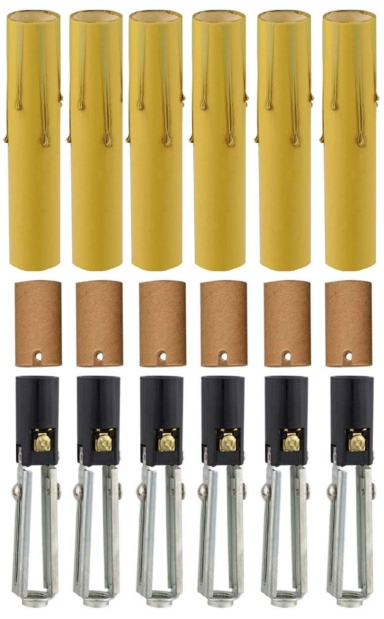 Creative Hobbies Chandelier Lighting Fixture Socket Kit - Adjustable Height Candelabra E12 Sockets with Cardboard Insulators and 4-Inch Antique Paper Drip Candle Cover Sleeves | 6 Pack