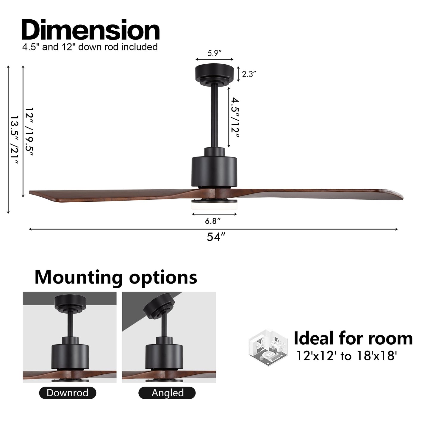 WINGBO 54 Inch DC Ceiling Fan with Lights and Remote Control, 4 Carved Solid Wood Blades, 6-Speed Noiseless Reversible DC Motor, Modern Ceiling Fan in Black Finish with Walnut Blades
