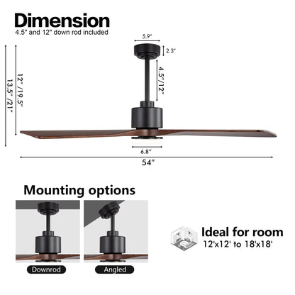 WINGBO 54 Inch DC Ceiling Fan with Lights and Remote Control, 4 Carved Solid Wood Blades, 6-Speed Noiseless Reversible DC Motor, Modern Ceiling Fan in Black Finish with Walnut Blades