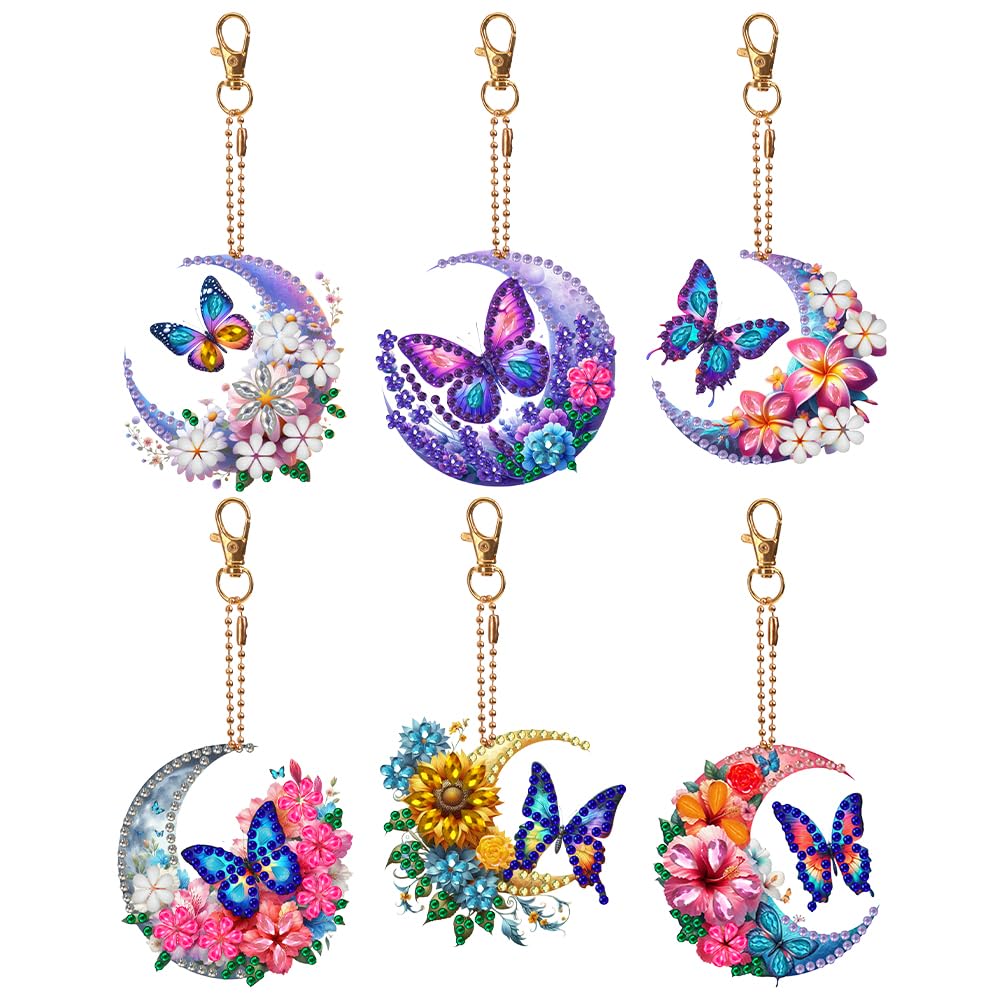 C'eitura 6Pcs Moon & Butterfly Diamond Painting Keychains, Double-Sided Crystal Rhinestone Charms, Mystical Celestial Gifts for Women, Birthday Party Favors