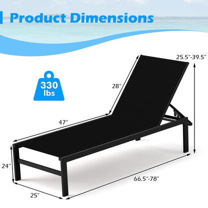 HAPPYGRILL Aluminum Chaise Lounge Chair, Heavy-Duty Patio Recliner W/ 6-Level Backrest & Breathable Fabric, Outdoor Lightweight Reclining Lounge Chair for Backyard, Poolside, Porch (2, Black)