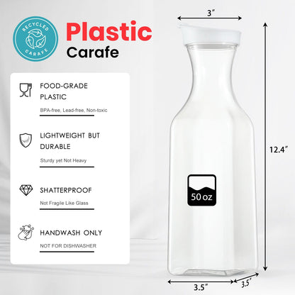 Plastic 50 Oz Water Carafe with Flip Top Lid, Set of 6 Square Base Clear Plastic Juice Container Pitcher - for Water, Iced Tea, Juice, Beverage, Lemonade, Milk and Mimosa Bar - HAND WASH ONLY