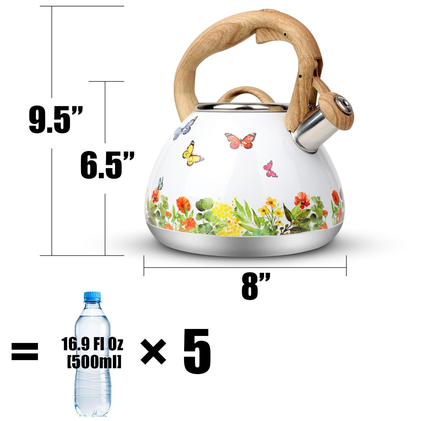 Tea Kettle, Toptier Teapot Whistling Kettle with Wood Pattern Handle Loud Whistle, Food Grade Stainless Steel Tea Pot for Stovetops Induction Water Kettle, 2.7-Quart Butterfly