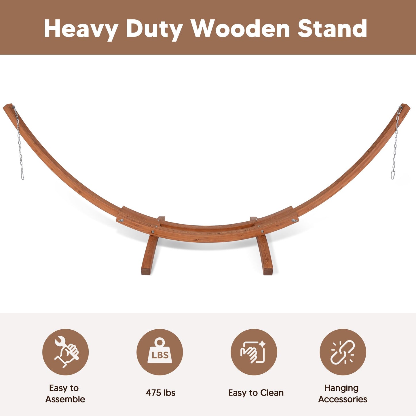 SUNCREAT 13.5 ft Wooden Hammock Stand Only, Heavy Duty Larch Wood Arc Hammock Stand with Chains and Carabiners, 475 lbs Capacity