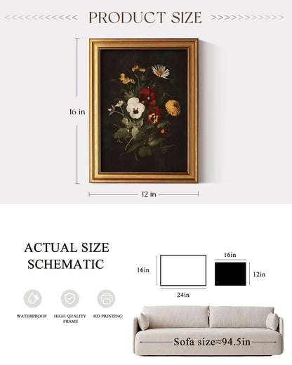 ARPEOTCY Gold Framed Canvas Wall Art, Dried Pressed Flower Wall Decor, Farmhouse Style Painting Pictures, Bedroom Kitchen Shelf Decor, Home, Decoration for Living Room, Kitchen, 12x16inch