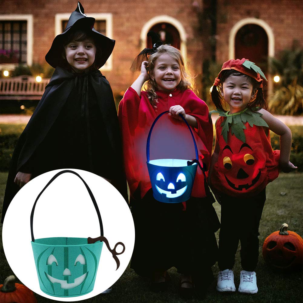 Six Senses Media Light Up Teal Pumpkin Halloween Felt Trick or Treat Bucket, with Blue LED lights, Halloween Party Favors, Halloween Snacks, Goodie Bags for Kids, Novlety Gifts