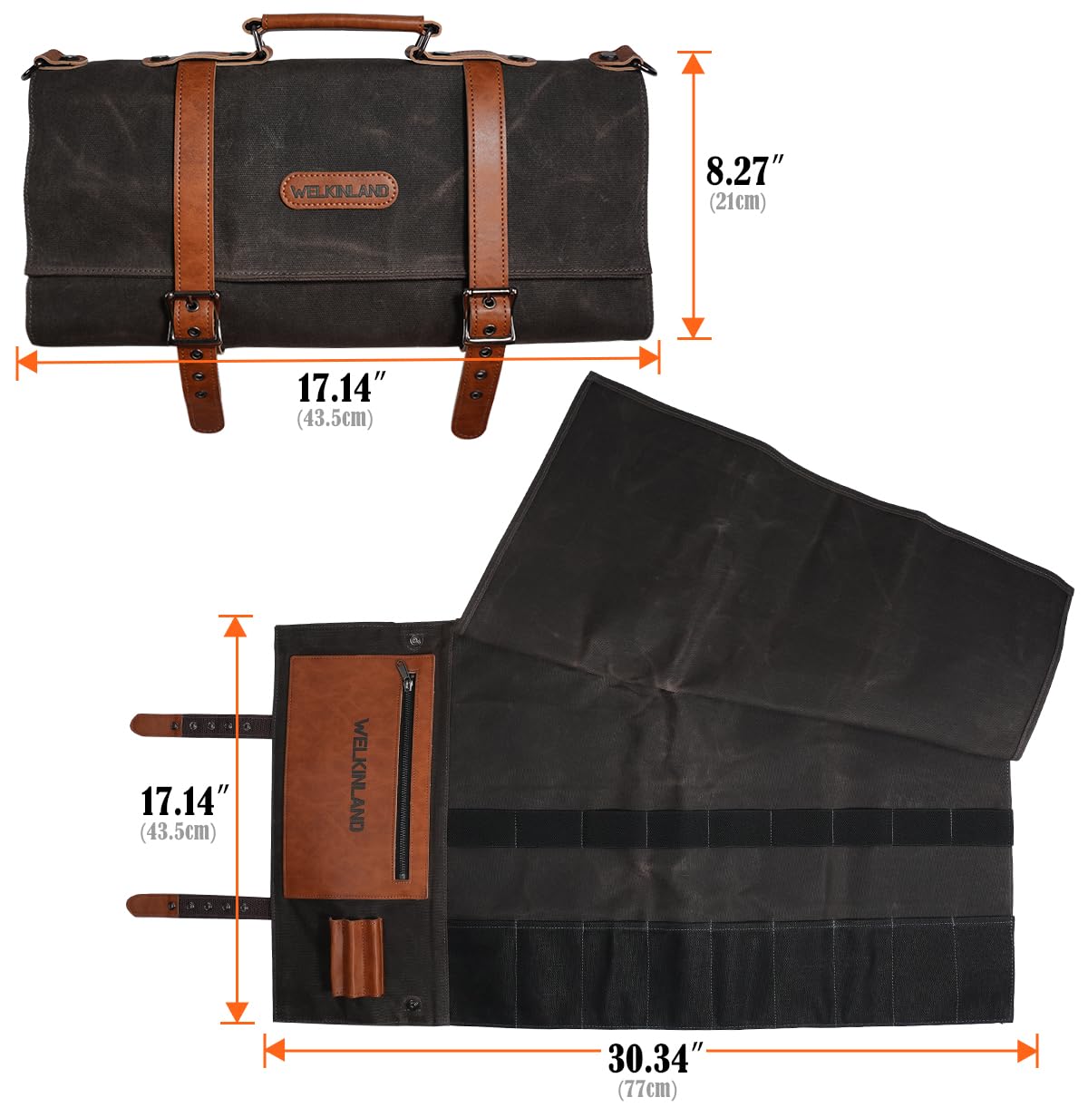 WELKINLAND 13-Pocket Knife Roll, Waxed-Canvas Leather Knife Roll Bag, Heavy-Duty Chef Knife Roll Bag, WaterProof Knife Wrap Roll, Portable Chef Knife Roll Up, Chef Knife Bags And Rolls