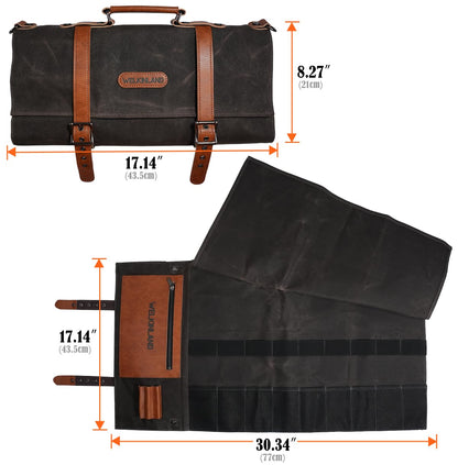 WELKINLAND 13-Pocket Knife Roll, Waxed-Canvas Leather Knife Roll Bag, Heavy-Duty Chef Knife Roll Bag, WaterProof Knife Wrap Roll, Portable Chef Knife Roll Up, Chef Knife Bags And Rolls