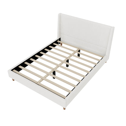 Merax Solid Wood Queen Size Boucle Bed Frame with Wingback Headboard, Modern Upholstered Platform with Walnut Wooden Legs, Strong Wooden Slats, No Box Spring Needed, Easy Assembly, Noise-Free, Ivory