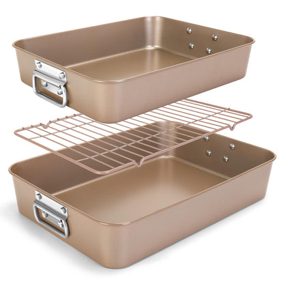 Roasting Pans with Handles, Bakeware Nonstick Steel Roaster with Flat Rack, Lasagna Pan 3 Inch Deep Baking Pan for Oven, Rectangle Cake Pans, Heavy Duty, Dishwasher Safe, 2 Pcs 13.7"16", Gold