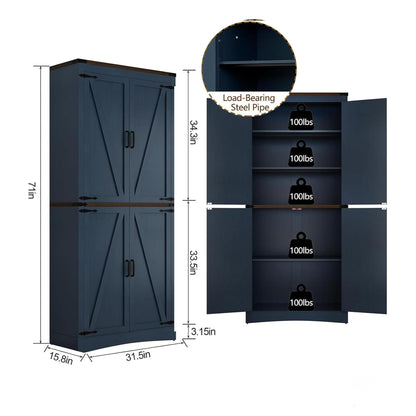 Hlivelood 71" Tall Kitchen Pantry,Farmhouse Storage Cabinet with Adjustable Shelves,Load-Bearing Steel Pipe,Farmhouse Pantry Cabinet with 4 Barn Doors,for Kitchen,Dining Room,Living Room(Blue)