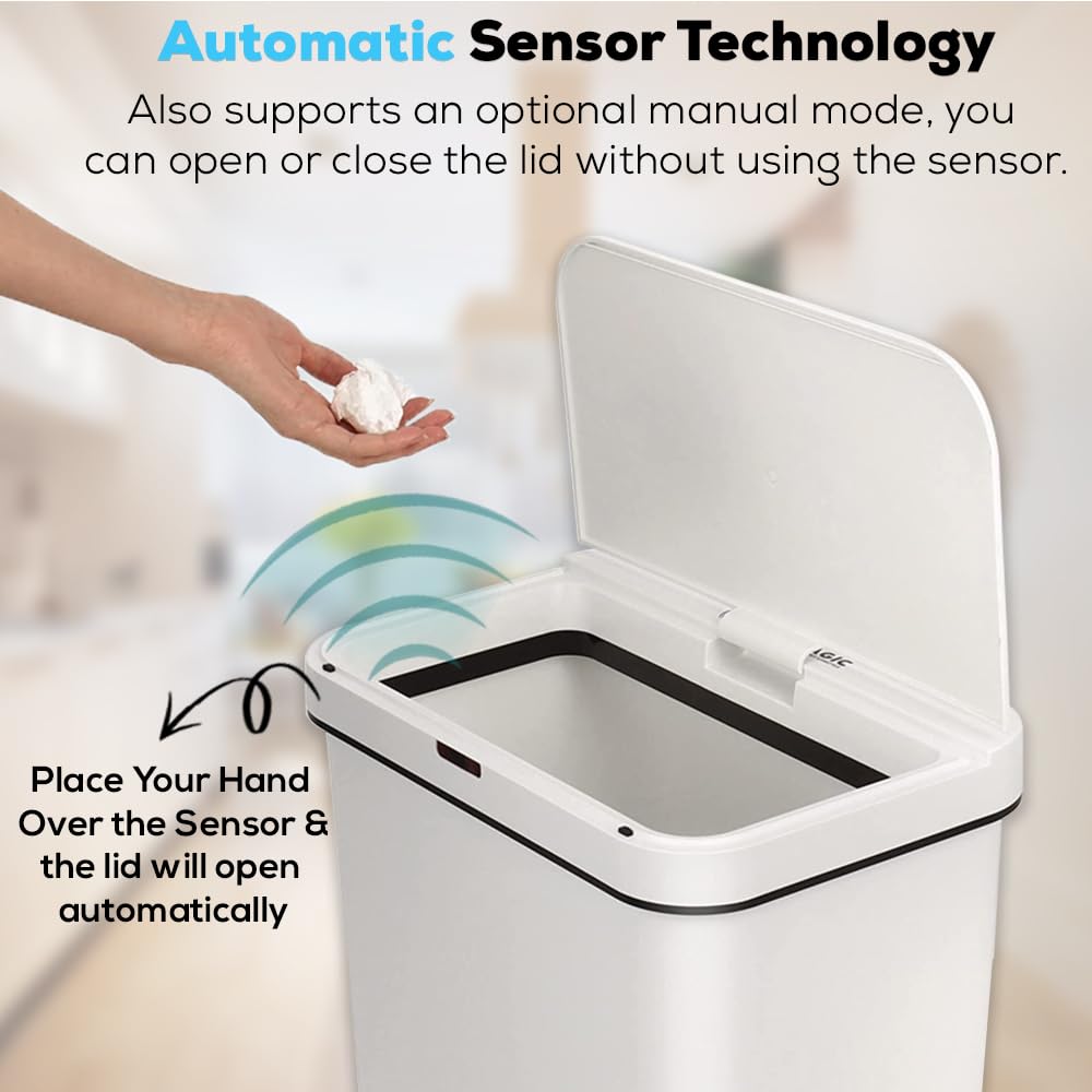 SIMPLI-MAGIC 79502 13 Gallon Touchless Sensor Trash Can, Rectangle Garbage Bin, Perfect for Home, Kitchen, Office, White