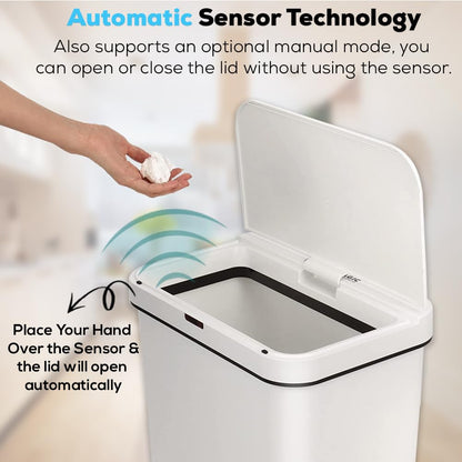 SIMPLI-MAGIC 79502 13 Gallon Touchless Sensor Trash Can, Rectangle Garbage Bin, Perfect for Home, Kitchen, Office, White