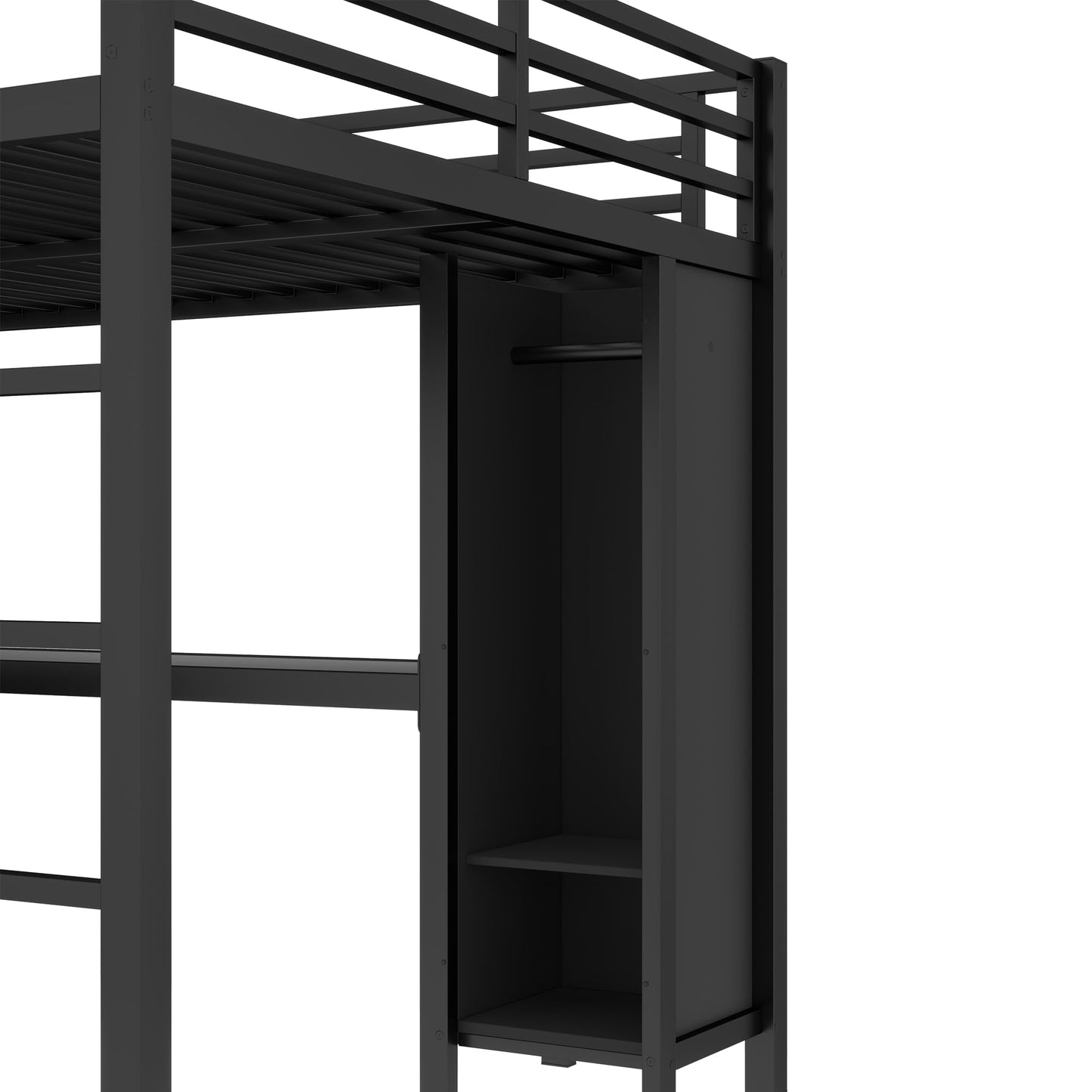 Queen Loft Bed Frame with Wardrobe and Storage Cubes, Queen Size Loft Bed with Desk and Storage Shelf, Heavy Duty Loft Beds with Guardrail, Noise Free Design, Adult Loft Bed Frame, Black