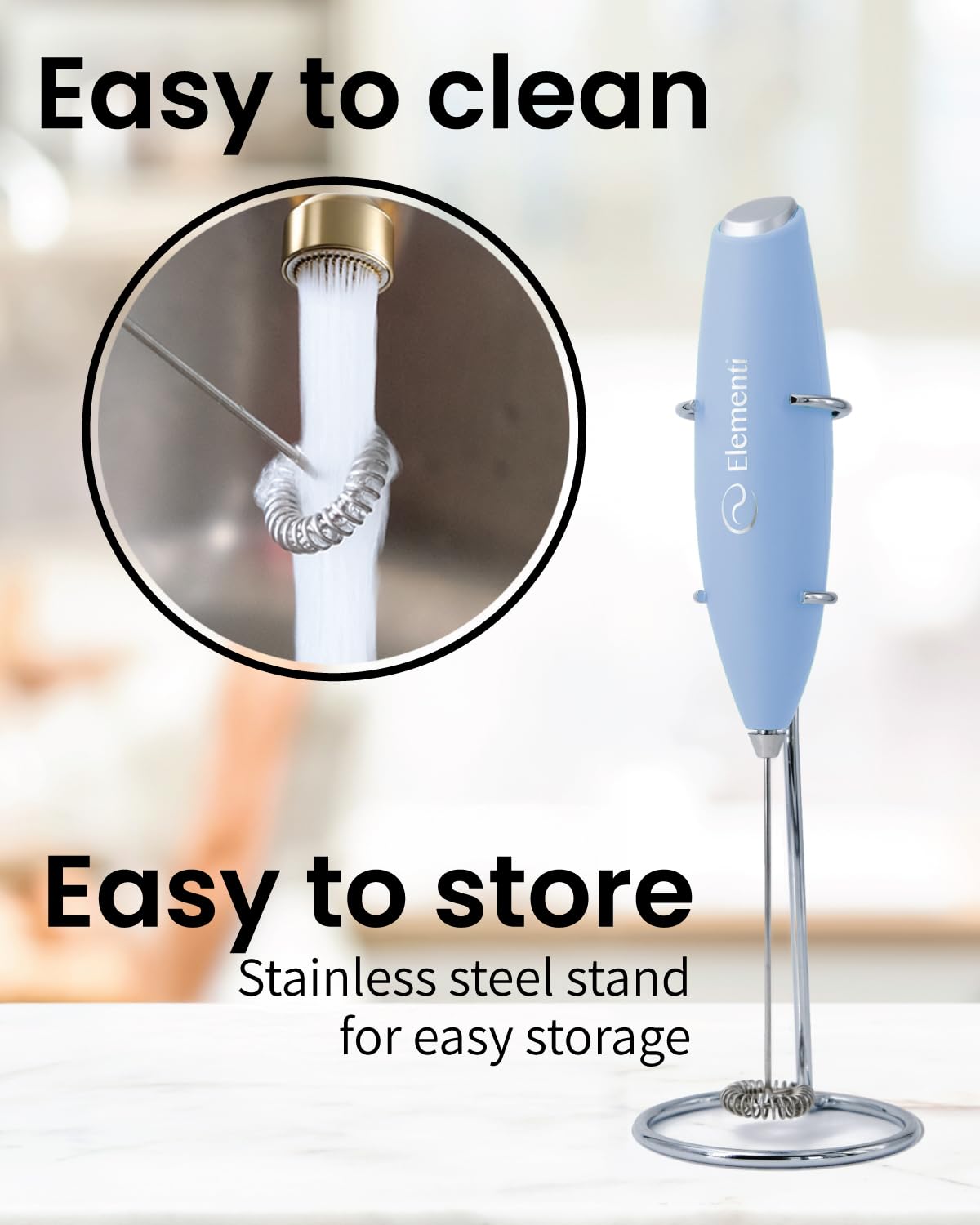 Elementi Portable Electric Milk Frother, Matcha Whisk, Milk Frother for Coffee Frother Electric Hand Blender, Mini Electric Whisk Small Hand Blender (Periwinkle)