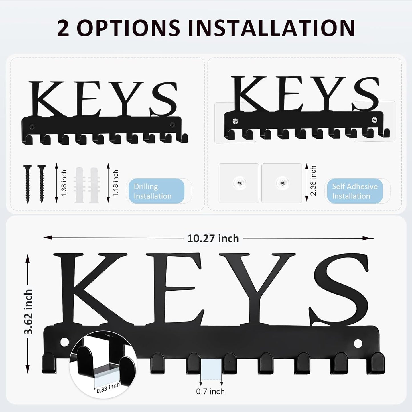 Black Key Holder Wall Mount, Decorative Key Rack Organizer with 10 Hooks, Metal Adhesive Keychain Holder