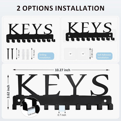 Black Key Holder Wall Mount, Decorative Key Rack Organizer with 10 Hooks, Metal Adhesive Keychain Holder