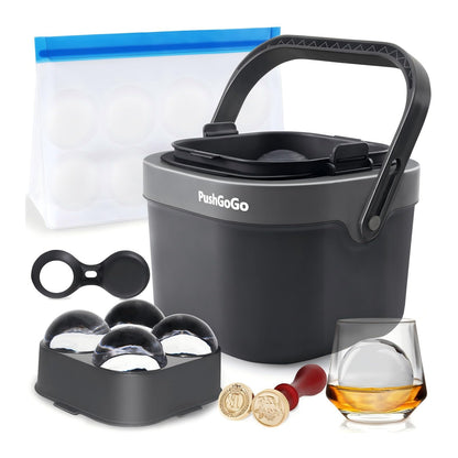 PushGoGo Clear Ice Ball Maker,Four Large 2.4" Crystal Clear Ice Balls for Whiskey, Cocktails, Bourbon,4-Cavity BPA-Free Silicone Easy Remove Ice Sphere Molds with Storage Bag,Stamp
