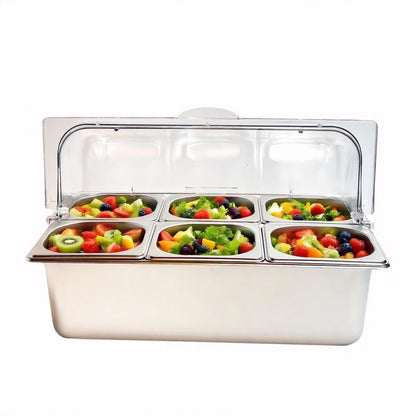 YPCDTL01 6-Pan Countertop Food Serving Display Container - Cold Buffet Table Serving Station for Salad Dressing, Appetizers, Spices & Fruit -Stainless Steel Food Serving Tray Ideal for Buffets