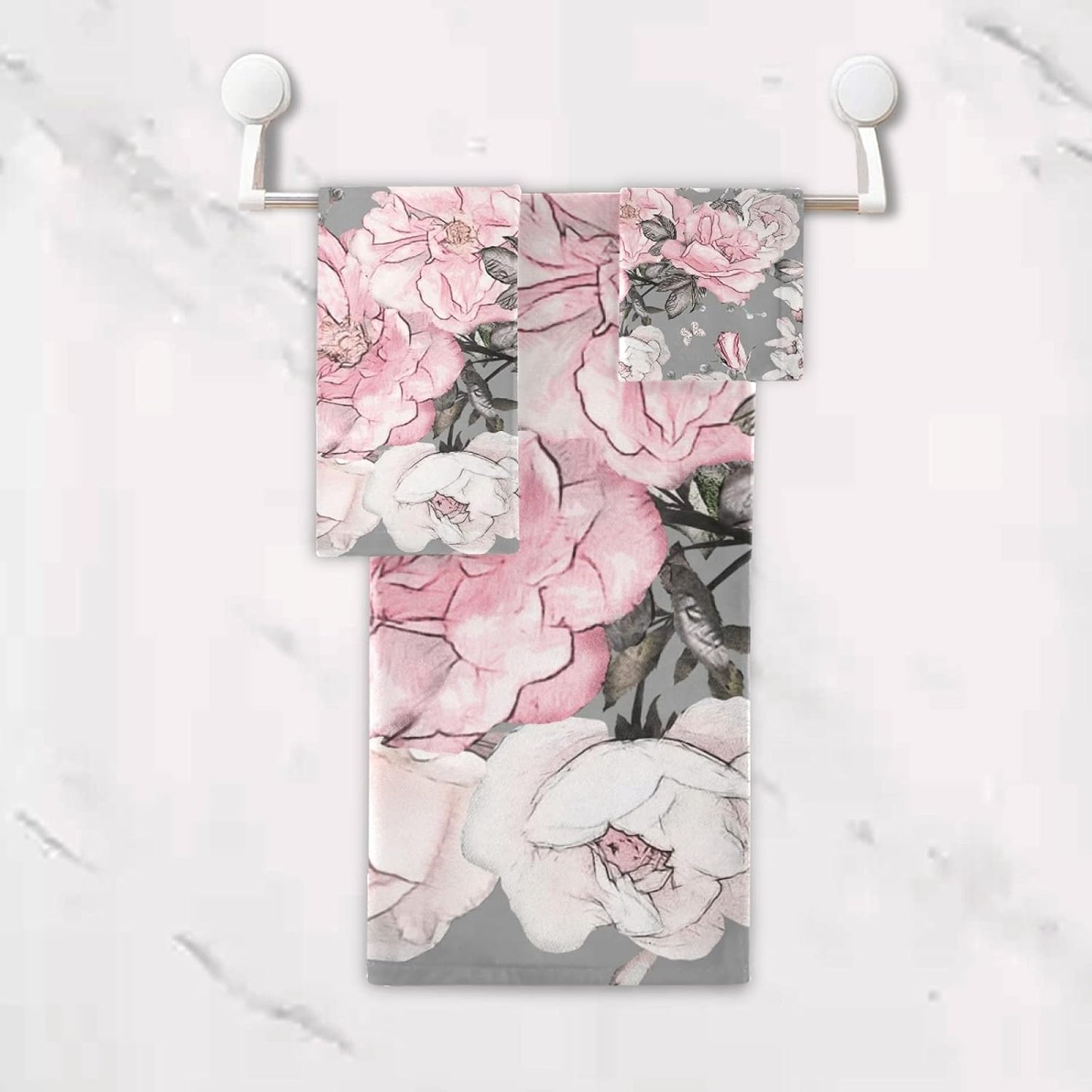 Sets 3 Sets1 1 1 ALAZA Pink Flowers Roses and Leaves on Gray Towel Bathroom Piece Bath Towel Bath Towel Hand Towel