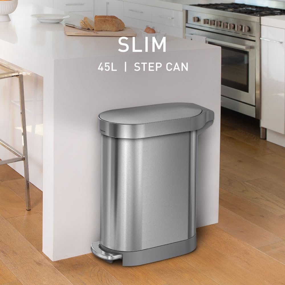 simplehuman 45 Liter / 12 Gallon Slim Hands-Free Kitchen Step Trash Can, Brushed Stainless Steel