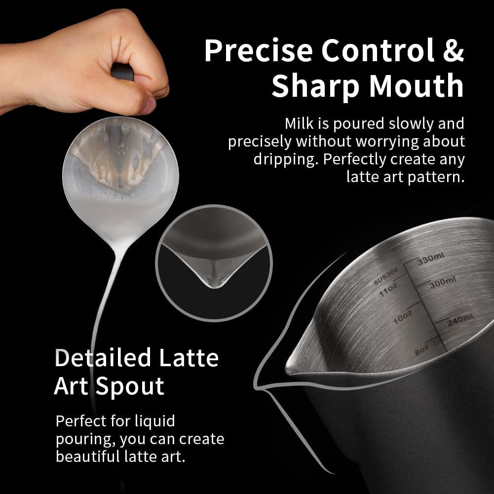 watchget Milk Frothing Pitcher 350ml/600ml/900ml/1500ml (12oz/20oz/32oz/52oz) - Stainless Steel Espresso Steaming Pitcher for Cappuccino, Latte Art, Milk Jug Coffee Frother Cup, Black
