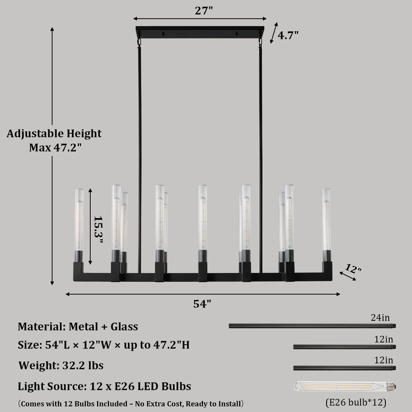 Black Farmhouse Dining Room Chandelier: 54" Modern Linear Rectangle Dining Room Light Fixture - Long Glass Metal Pendant Chandeliers for Kitchen Island - Large Lighting over Kitchen Table Living Rooms