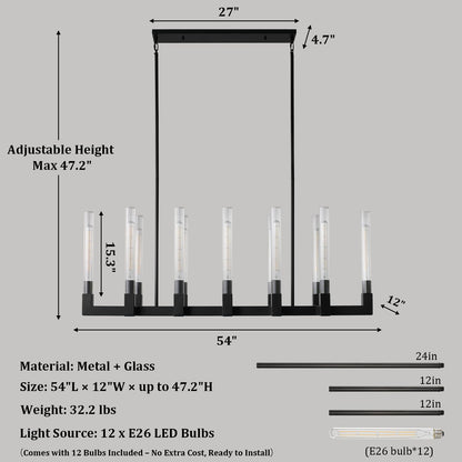 Black Farmhouse Dining Room Chandelier: 54" Modern Linear Rectangle Dining Room Light Fixture - Long Glass Metal Pendant Chandeliers for Kitchen Island - Large Lighting over Kitchen Table Living Rooms