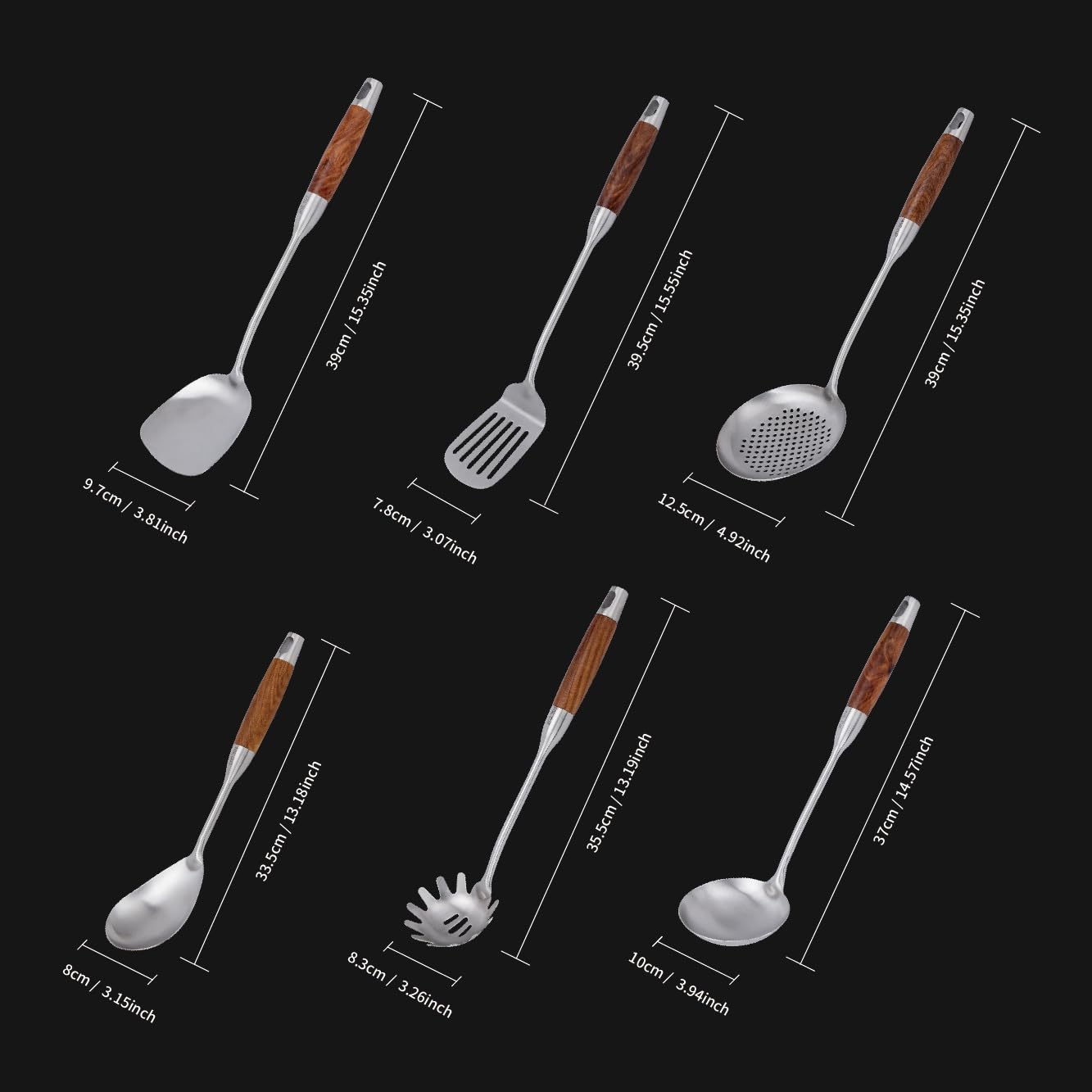 VALESKA Kitchen Utensils Set with Wood Handle, 6 Pieces Stainless Steel Utensils Set, Metal Cooking Utensils Set, Non-Stick and Heat Resistant