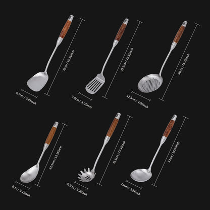 VALESKA Kitchen Utensils Set with Wood Handle, 6 Pieces Stainless Steel Utensils Set, Metal Cooking Utensils Set, Non-Stick and Heat Resistant