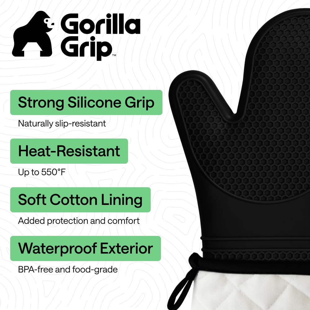 GORILLA GRIP BPA-Free Soft Silicone Oven Mitts, 550F Heat Resistant Waterproof Cooking Safety Gloves, Thick Cotton Lining, Flexible Gripping for BBQ Grilling, Kitchen Potholders Set, 12.5x8.3, Black