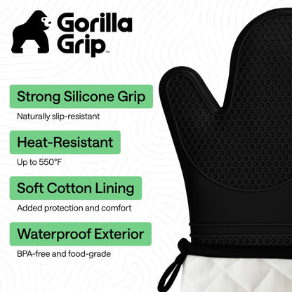 GORILLA GRIP BPA-Free Soft Silicone Oven Mitts, 550F Heat Resistant Waterproof Cooking Safety Gloves, Thick Cotton Lining, Flexible Gripping for BBQ Grilling, Kitchen Potholders Set, 12.5x8.3, Black