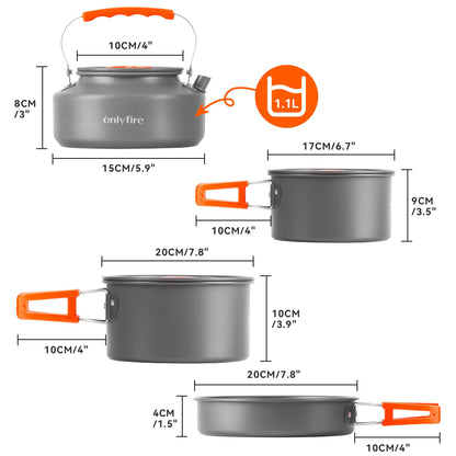 ONLYFIRE OUTDOOR LIVING14pcs Camping Cookware Set, Lightweight Nonstick Pots, Pan, Kettle, Utensils, Bowls, and Cleaning Tool with Mesh Bag for Camping Hiking Backpacking RV Tailgating Cooking, CT604